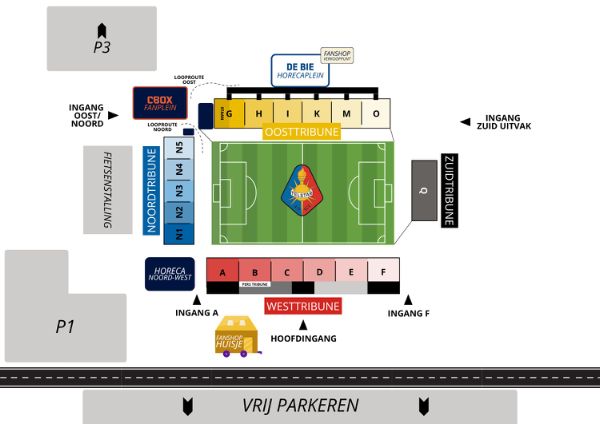 Plattegrond van BUKO Stadion met vakindeling Oosttribune en Westtribune en ingangen bij Sportpark Schoonenberg